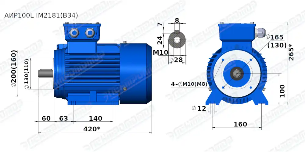 Чертеж электродвигателя АИР100L2 Чертеж монтажного исполнения IM2181 (B34)