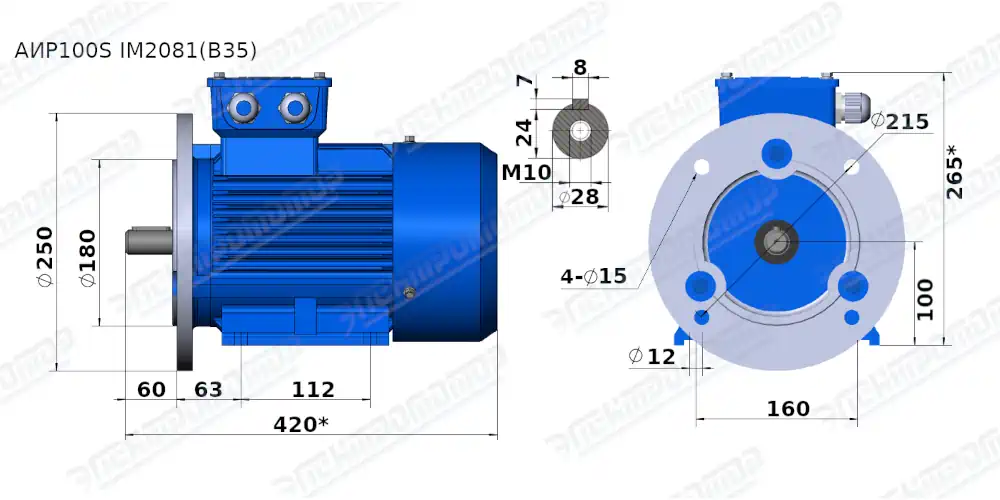 Чертеж электродвигателя АИР100S2 Чертеж монтажного исполнения IM2081 (B35)