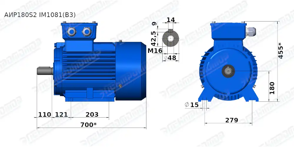 Чертеж электродвигателя АИР180S2 Чертеж монтажного исполнения IM1081 (B3)