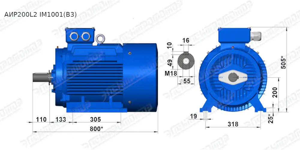 Чертеж электродвигателя АИР200L2 Чертеж монтажного исполнения IM1001 (B3)