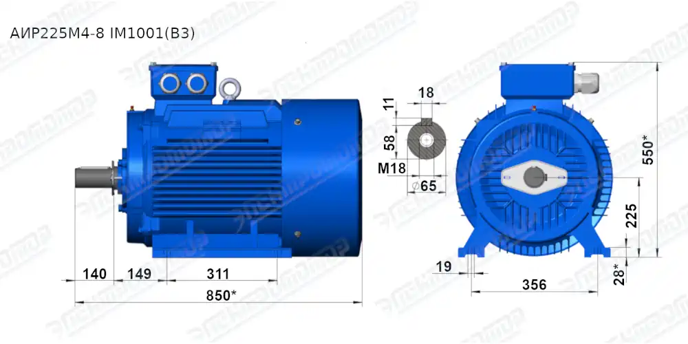 Чертеж электродвигателя АИР225М4 Чертеж монтажного исполнения IM1001 (B3)