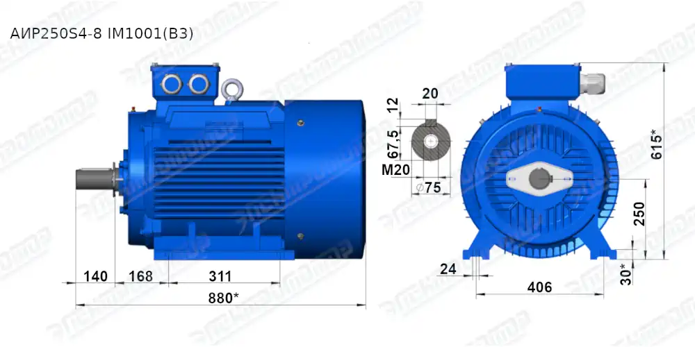 Чертеж электродвигателя АИР250S4 Чертеж монтажного исполнения IM1001 (B3)