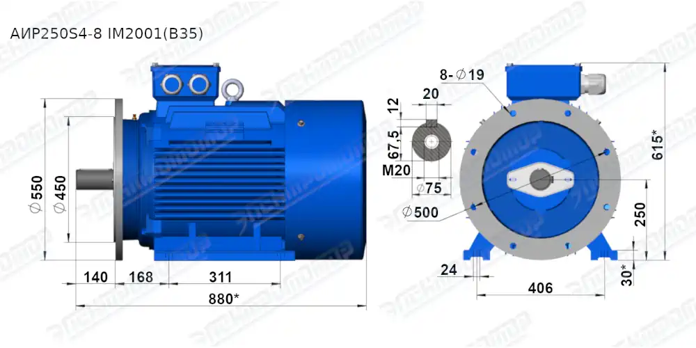 Чертеж электродвигателя АИР250S4 Чертеж монтажного исполнения IM2001 (B35)