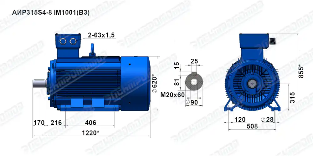 Чертеж электродвигателя АИР315S4 Чертеж монтажного исполнения IM1001 (B3)