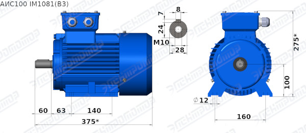 Чертеж электродвигателя АИС100LB4 Чертеж монтажного исполнения IM1081 (B3)
