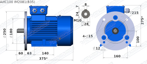 Чертеж электродвигателя АИС100LB4 Чертеж монтажного исполнения IM2081 (B35)