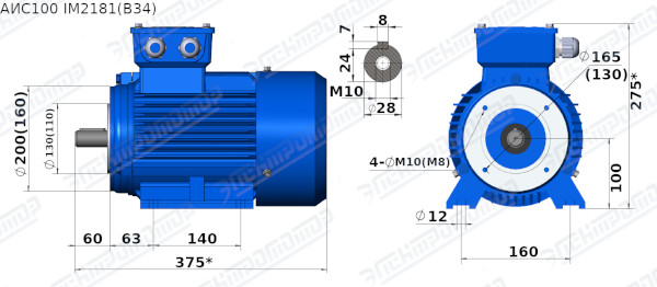 Чертеж электродвигателя АИС100LB4 Чертеж монтажного исполнения IM2181 (B34)