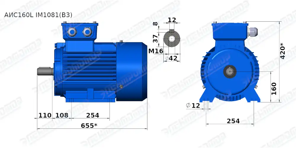 Чертеж электродвигателя АИС160L6 Чертеж монтажного исполнения IM1081 (B3)