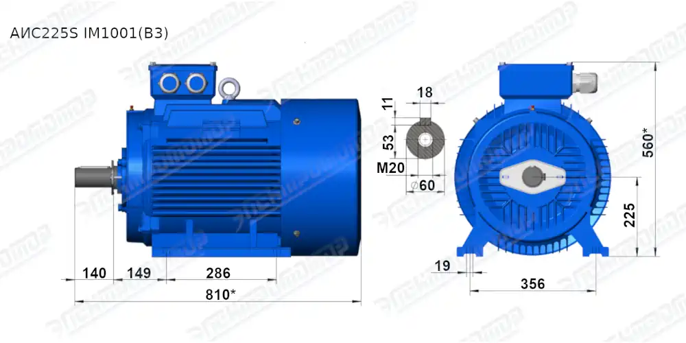 Чертеж электродвигателя АИС225S8 Чертеж монтажного исполнения IM1081 (B3)