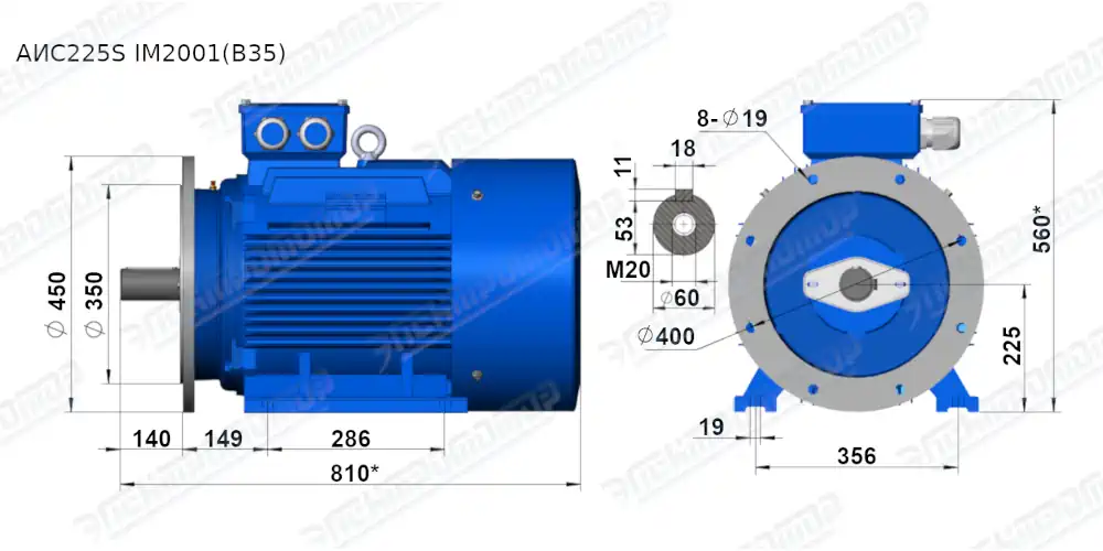 Чертеж электродвигателя АИС225S8 Чертеж монтажного исполнения IM2081 (B35)