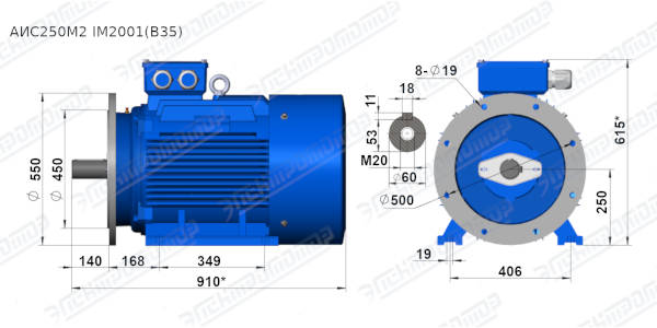 Чертеж электродвигателя АИС250М2 Чертеж монтажного исполнения IM2081 (B35)