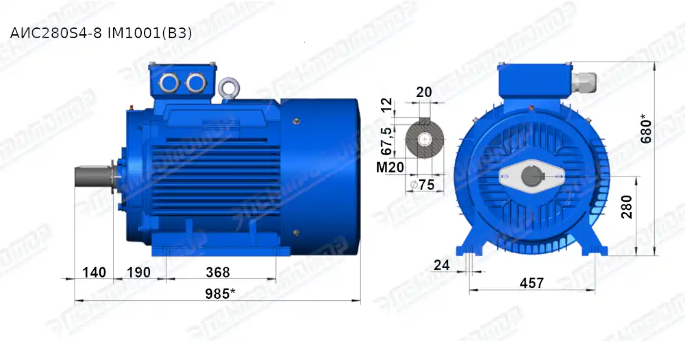 Чертеж электродвигателя АИС280S6 Чертеж монтажного исполнения IM1081 (B3)