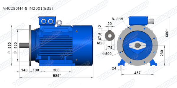 Чертеж электродвигателя АИС280S4 Чертеж монтажного исполнения IM2081 (B35)