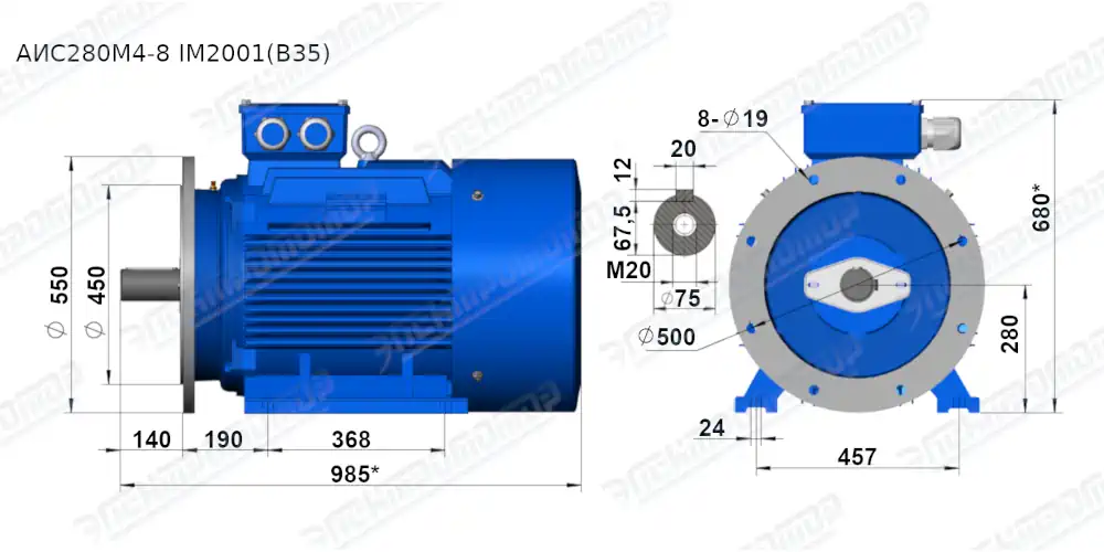 Чертеж электродвигателя АИС280S6 Чертеж монтажного исполнения IM2081 (B35)