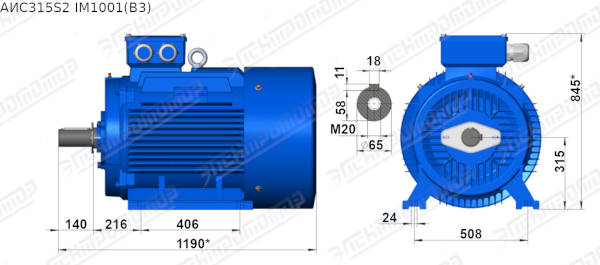 Чертеж электродвигателя АИС315S2 Чертеж монтажного исполнения IM1081 (B3)