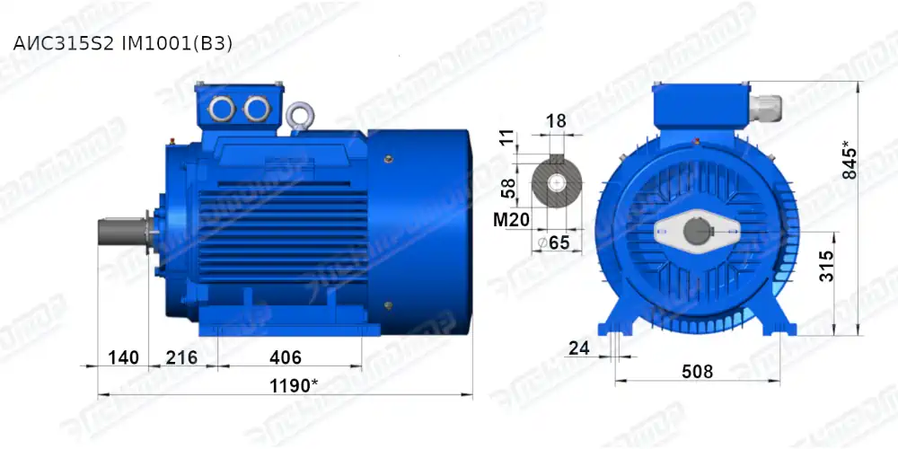 Чертеж электродвигателя АИС315S2 Чертеж монтажного исполнения IM1081 (B3)