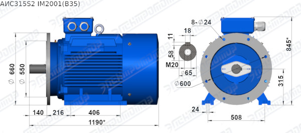 Чертеж электродвигателя АИС315S2 Чертеж монтажного исполнения IM2081 (B35)