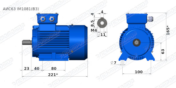 Чертеж электродвигателя АИС63В2 Чертеж монтажного исполнения IM1081 (B3)
