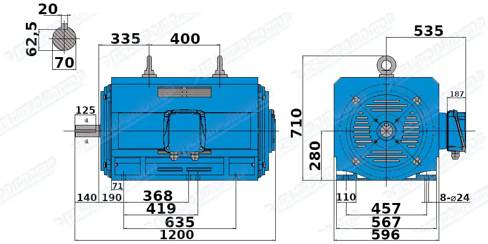 Чертеж электродвигателя АМН280МВ2 Чертеж монтажного исполнения IM1001 (B3)