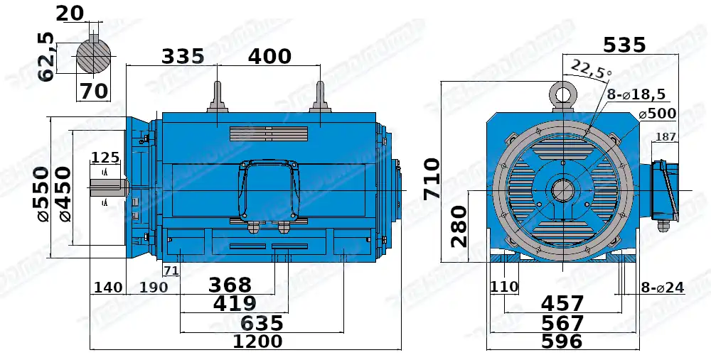 Чертеж электродвигателя АМН280МВ2 Чертеж монтажного исполнения IM2001 (B35)