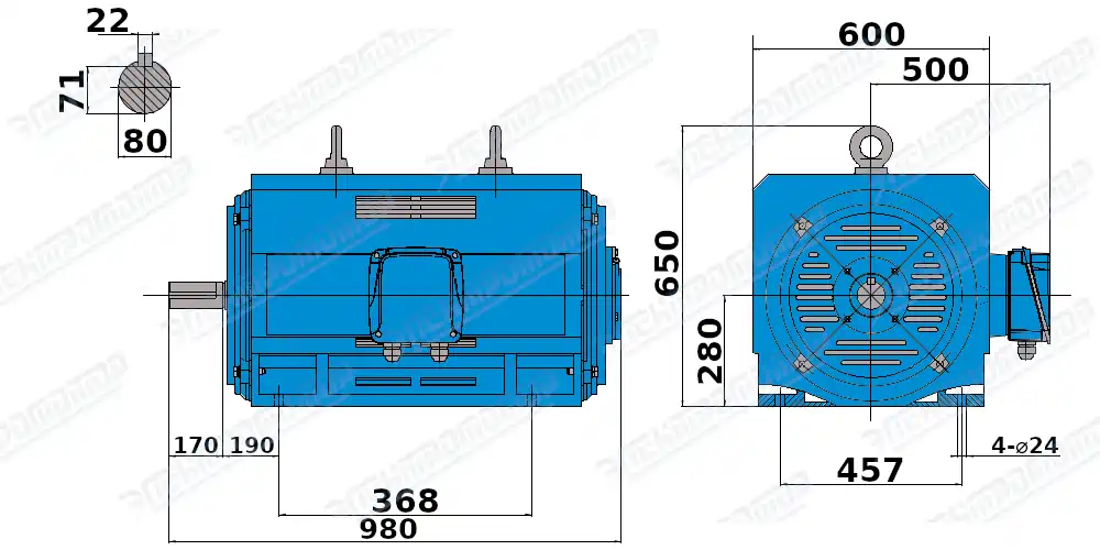 Чертеж электродвигателя АМН280МВ6 Чертеж монтажного исполнения IM1001 (B3)