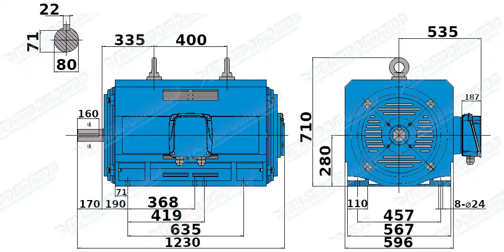 Чертеж электродвигателя АМН280МС4 Чертеж монтажного исполнения IM1001 (B3)