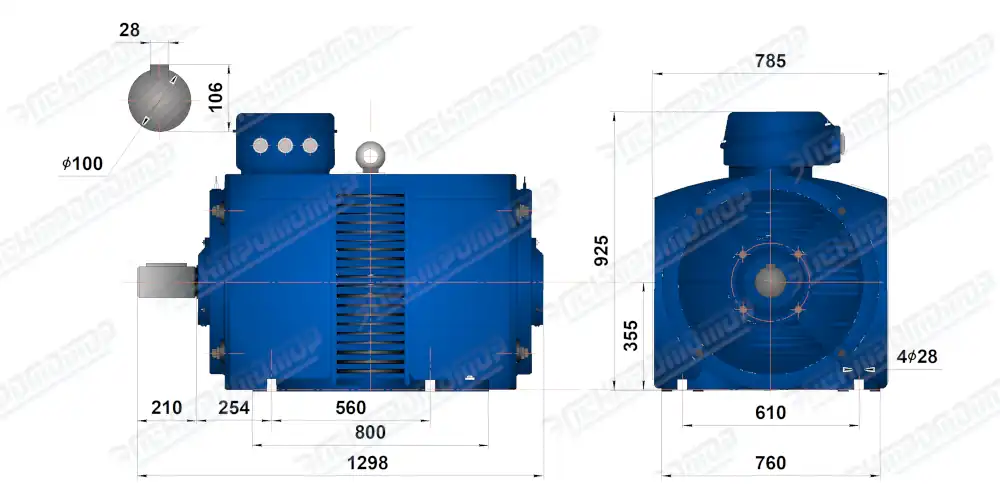 Чертеж электродвигателя АМН355S4 Чертеж монтажного исполнения IM1001 (B3)