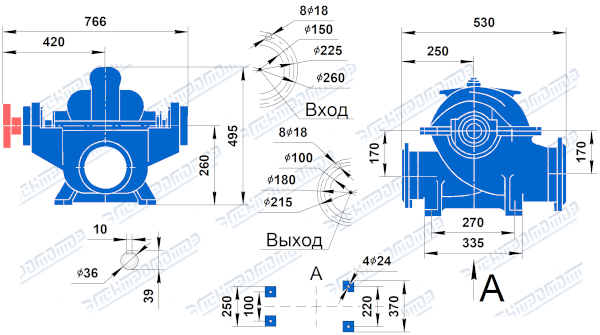 Чертеж 1Д200-90 (Чертеж насоса: Размеры насосов)