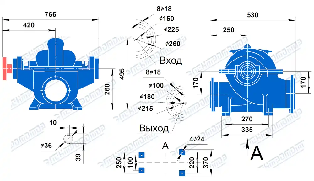 Чертеж 1Д200-90 (Чертеж насоса: Размеры насосов)