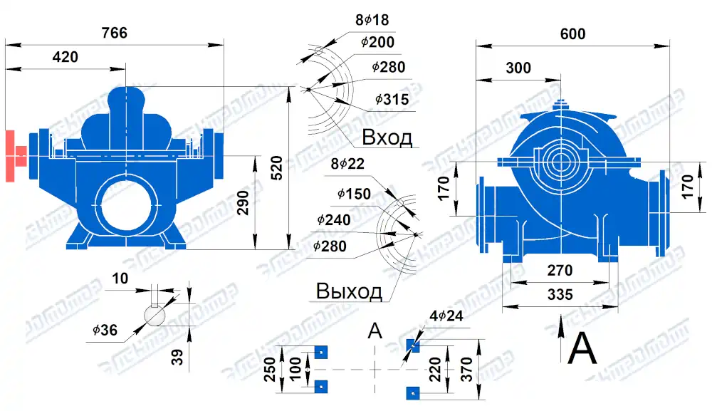 Чертеж 1Д315-50 (Чертеж насоса: Размеры насосов)
