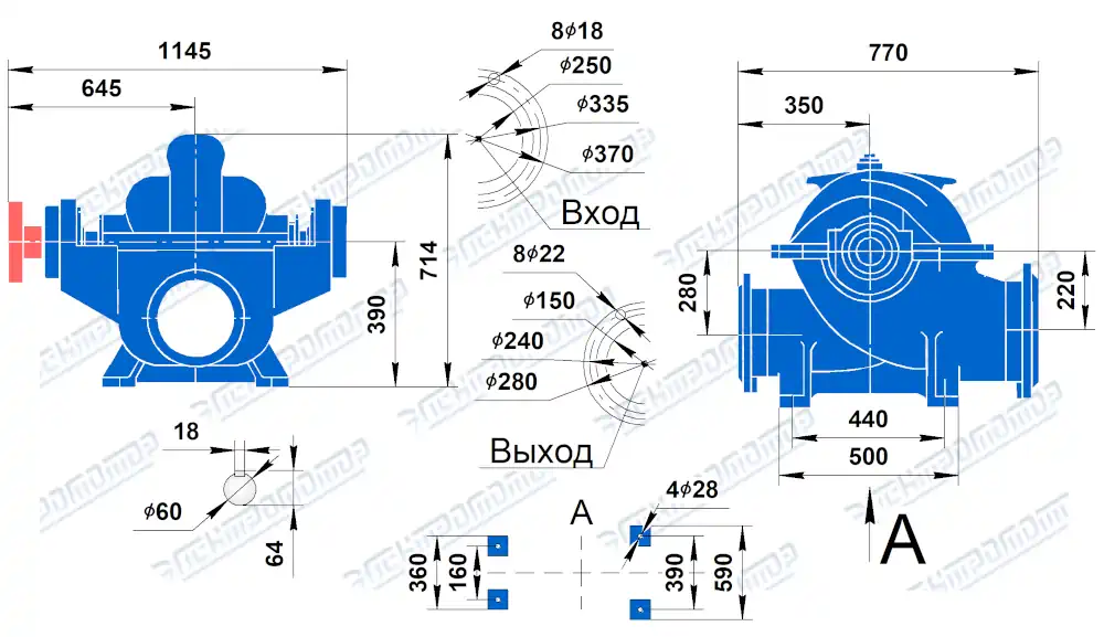 Чертеж 1Д500-63 (Чертеж насоса: Размеры насосов)