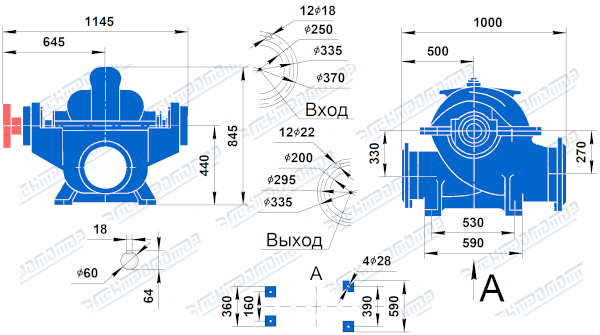 Чертеж 1Д630-90 (Чертеж насоса: Размеры насосов)