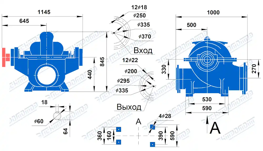 Чертеж 1Д630-90 (Чертеж насоса: Размеры насосов)