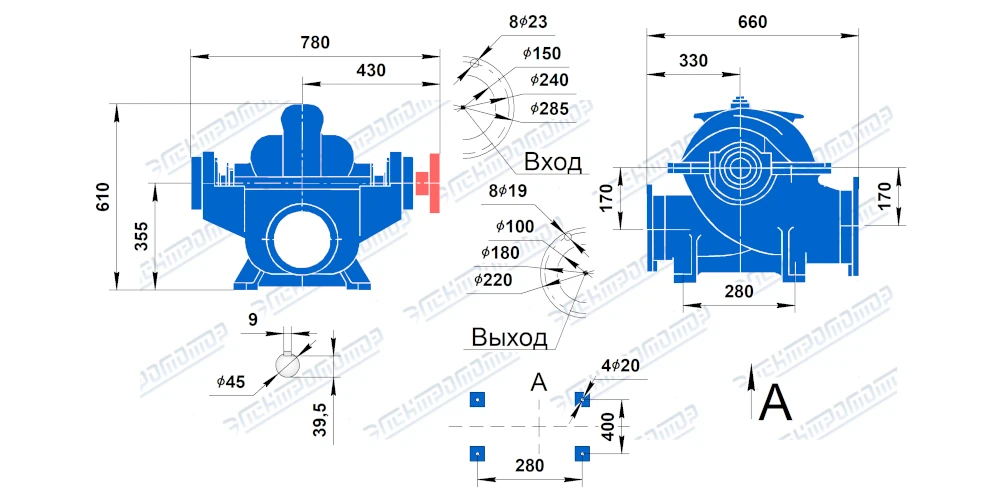 Чертеж 2Д250-125 (Чертеж насоса: Размеры насосов)