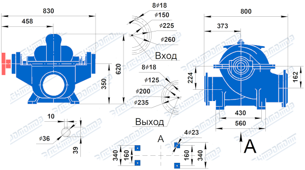 Чертеж Д200-36 (Чертеж насоса: Размеры насосов)