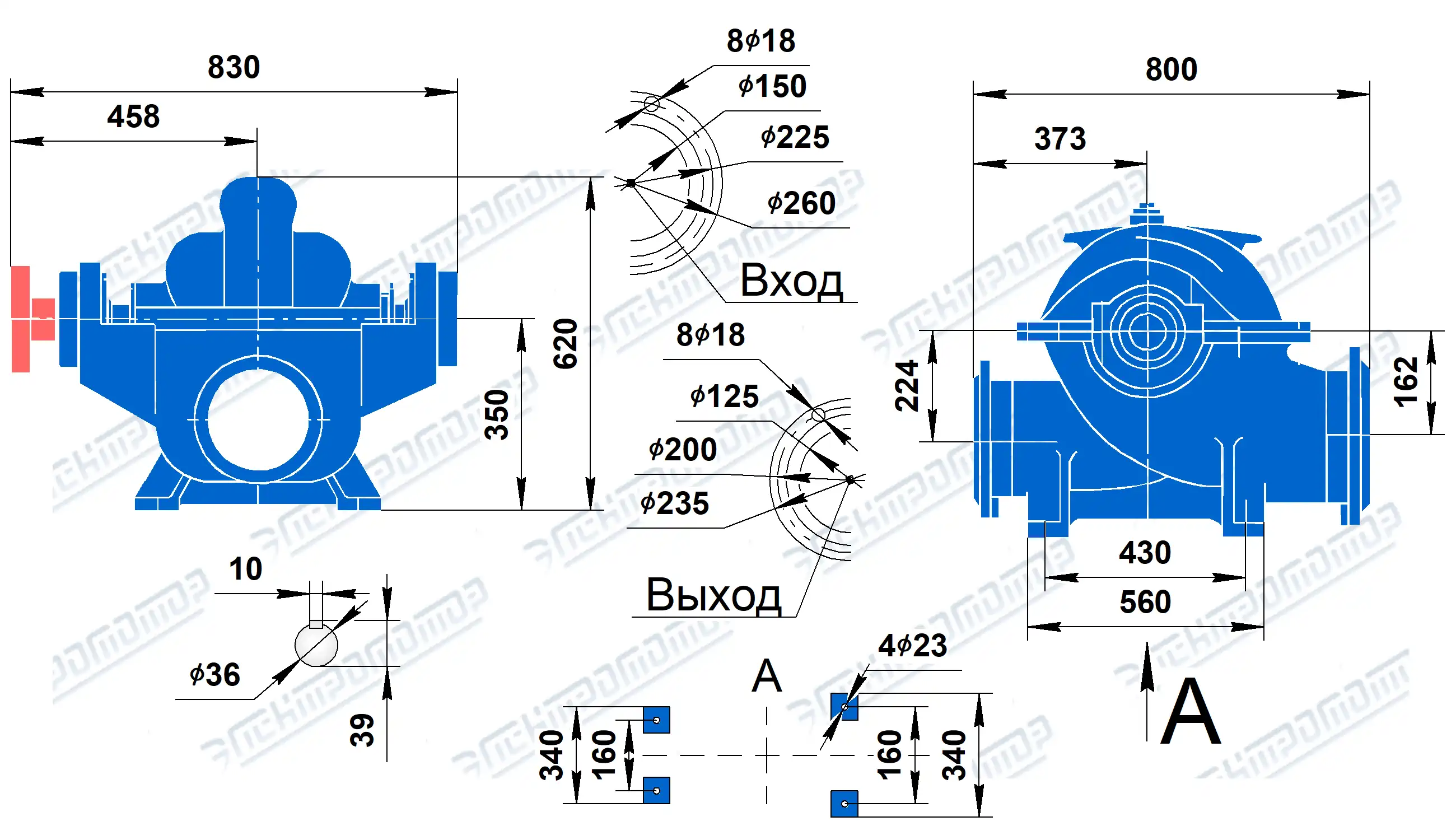 Чертеж Д200-36 (Чертеж насоса: Размеры насосов)