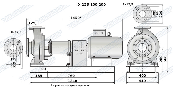 Чертеж Х125-100-200КД (Чертеж насоса: На раме с двигателем)