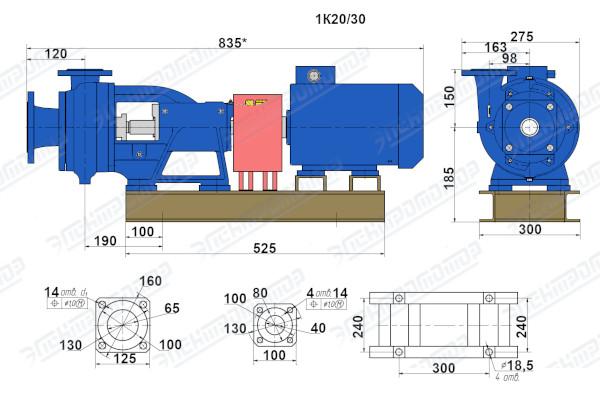 Чертеж 1К20/30 (Чертеж насоса: На раме с двигателем)