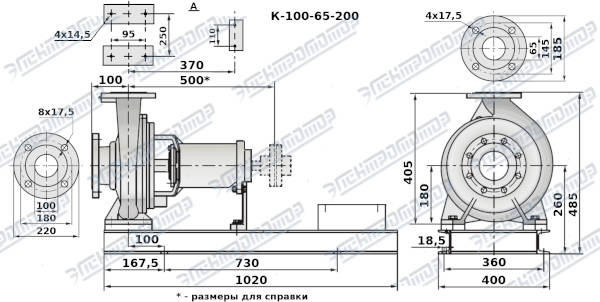 Чертеж К100-65-200 (Чертеж насоса: На раме без двигателя)