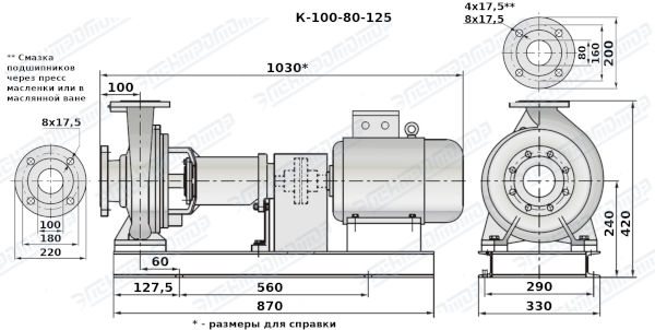 Чертеж К100-80-125 (Чертеж насоса: На раме с двигателем)