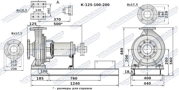 Чертеж К125-100-200 (Чертеж насоса: На раме без двигателя)