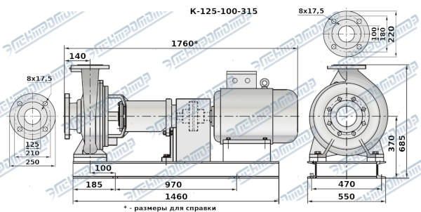 Чертеж К125-100-315 (Чертеж насоса: На раме с двигателем)