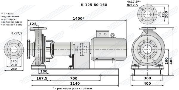 Чертеж К125-80-160 (Чертеж насоса: На раме с двигателем)