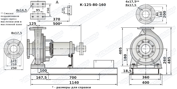 Чертеж К125-80-160 (Чертеж насоса: На раме без двигателя)