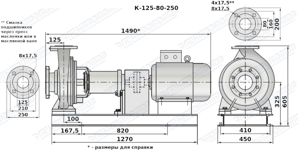 Чертеж К125-80-250 (Чертеж насоса: На раме с двигателем)