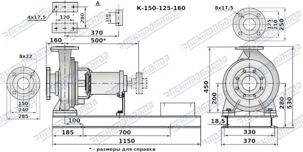 Чертеж К150-125-160 (Чертеж насоса: На раме без двигателя)