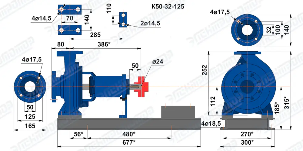 Чертеж К50-32-125 (Чертеж насоса: На раме без двигателя)