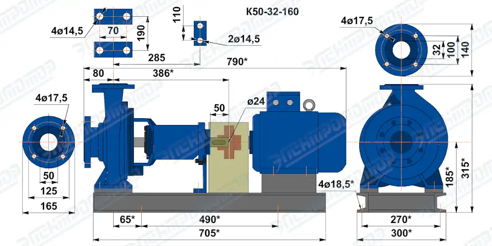 Чертеж К50-32-160 (Чертеж насоса: На раме с двигателем)