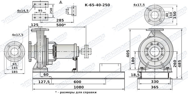 Чертеж К65-40-250 (Чертеж насоса: На раме без двигателя)