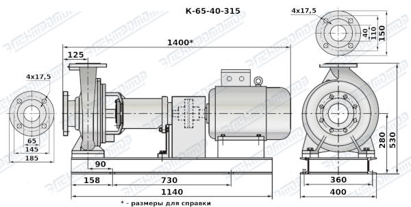 Чертеж К65-40-315 (Чертеж насоса: На раме с двигателем)